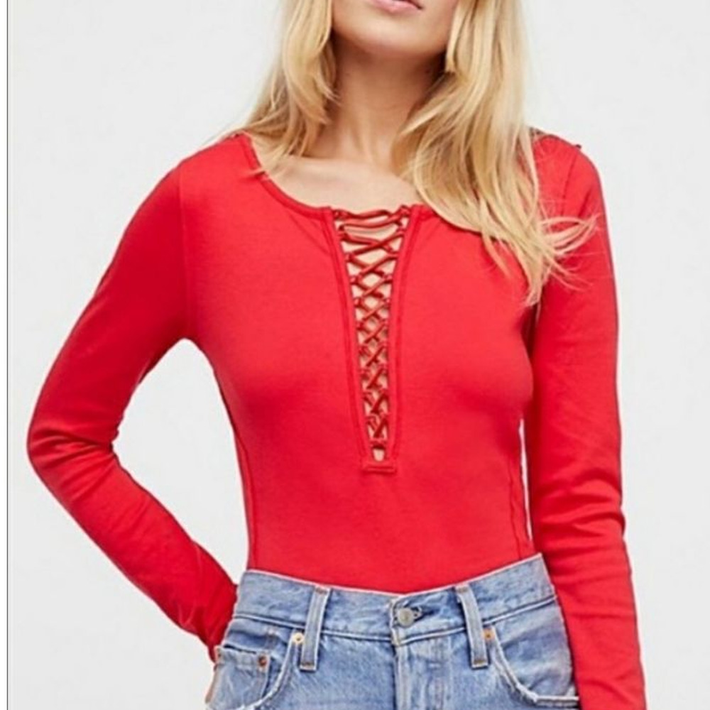 Free People Jacqui Red Lace Up Fitted Top Small New Without Tags Raw Edge Detail